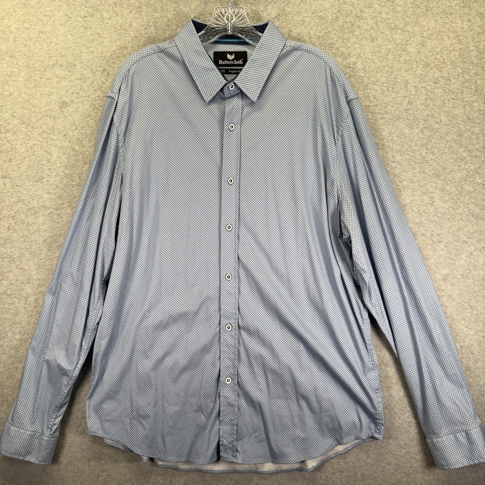 Buttercloth Dress Shirt Mens 2XL Blue Geometric Knit Long Sleeve Button Up